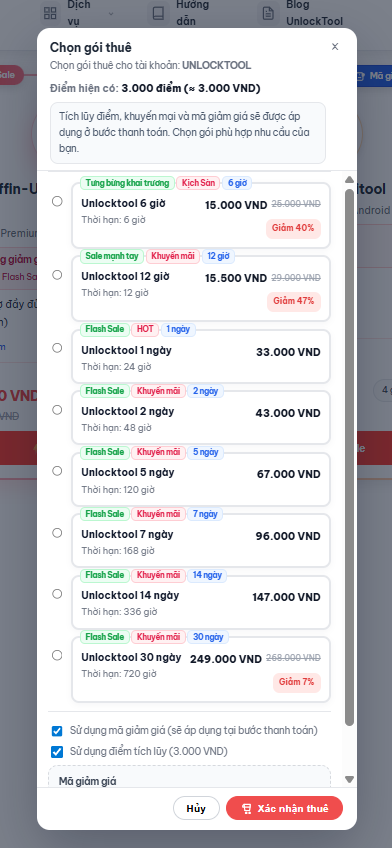 Cửa sổ chọn gói thuê UnlockTool