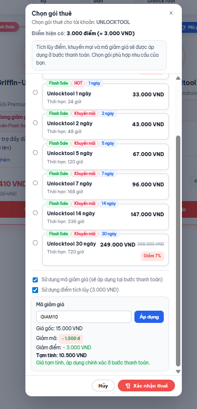 Áp dụng mã giảm giá khi chọn gói thuê