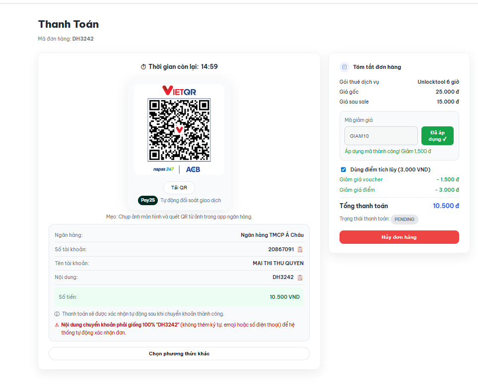 Trang thanh toán với QR code và thông tin chuyển khoản