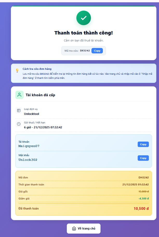 Trang thanh toán thành công với thông tin tài khoản