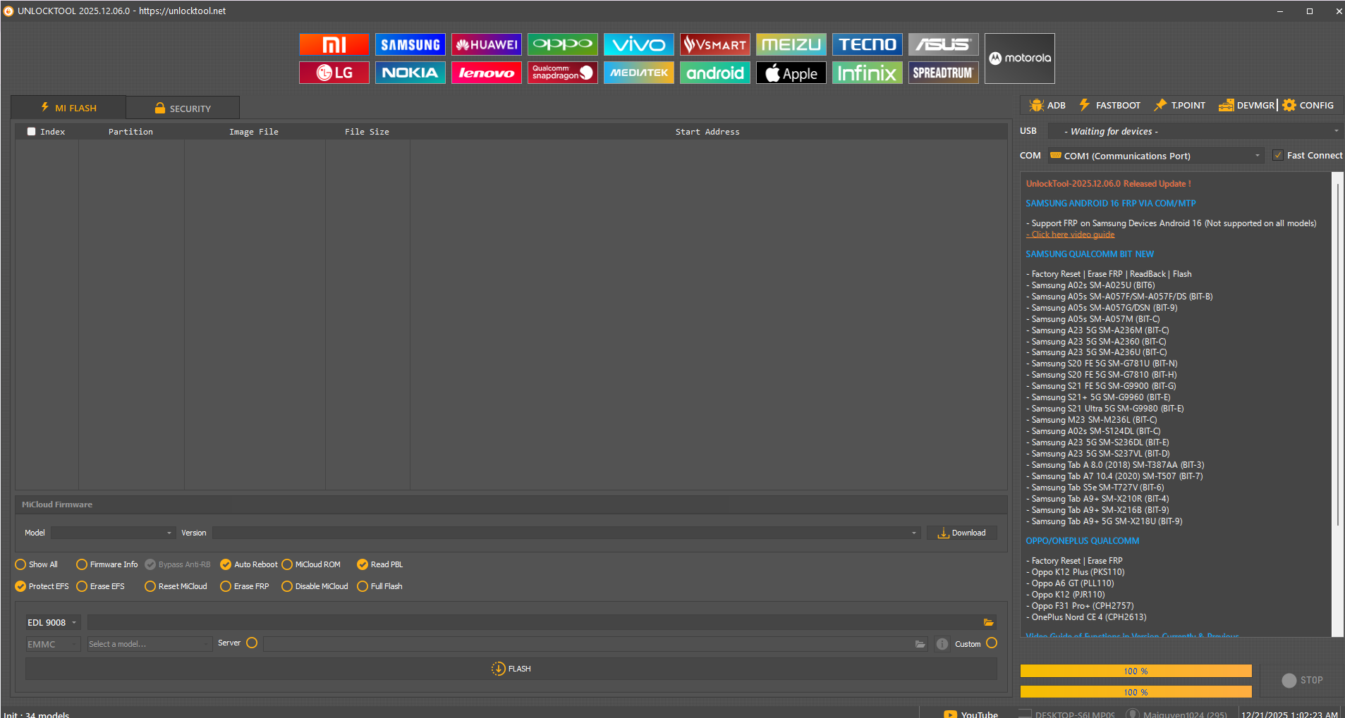 Giao diện UnlockTool - Tab MI FLASH với các tính năng flash firmware, xóa MiCloud
