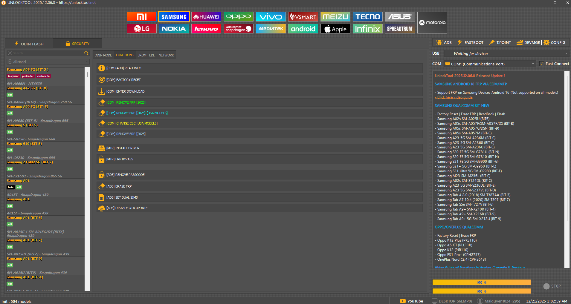 Giao diện UnlockTool - Tab SECURITY với các chức năng xóa FRP, unlock bootloader