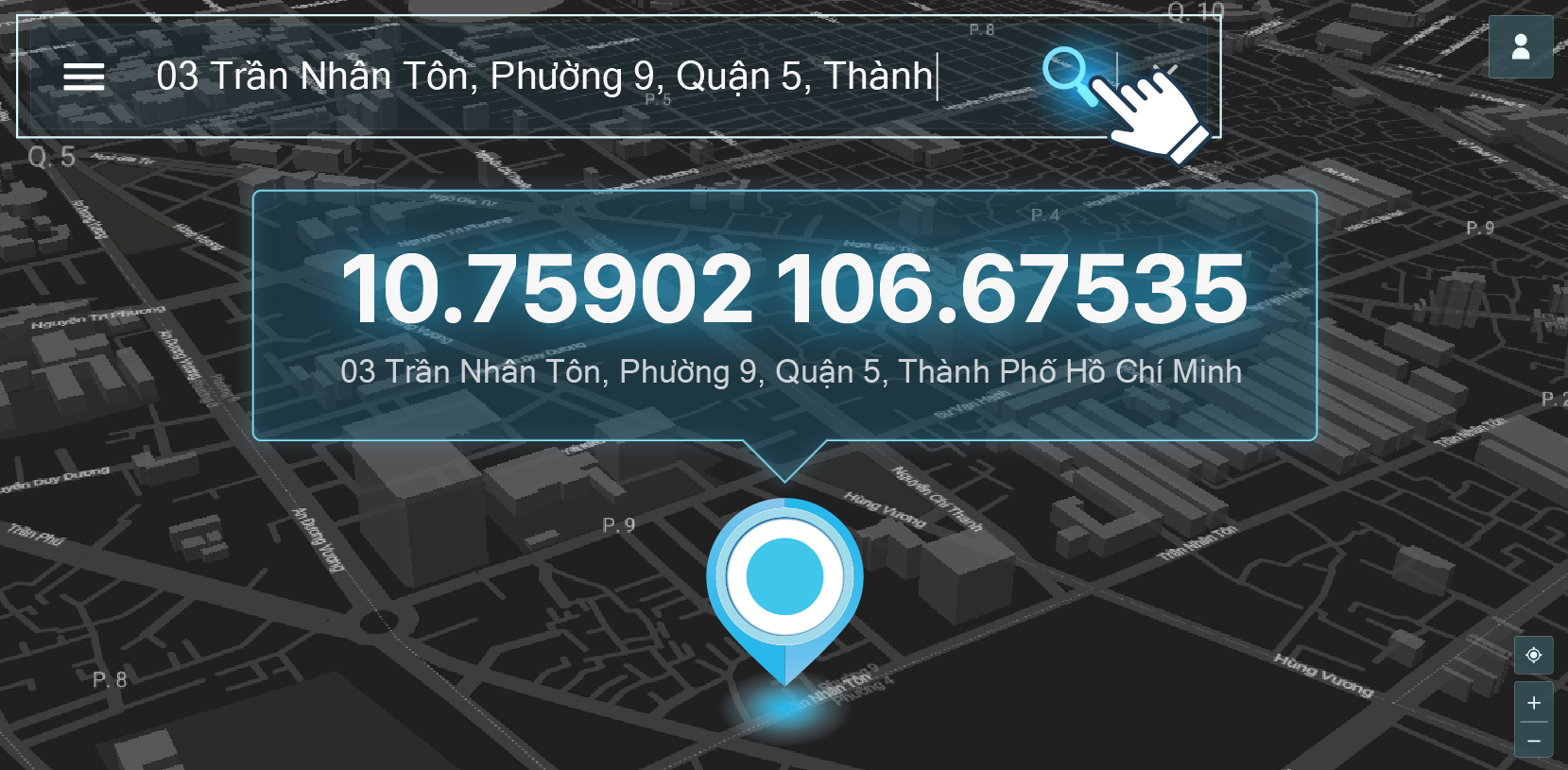 Giao diện tìm kiếm địa điểm trên Vietmap Live với search bar và kết quả tìm kiếm