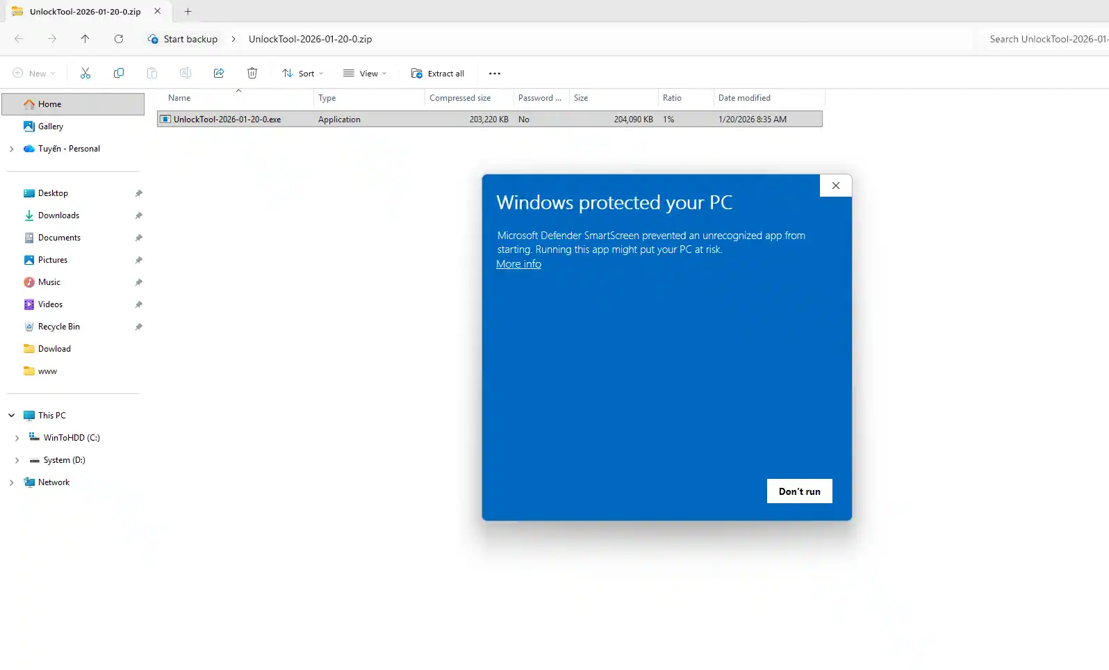 Windows SmartScreen cảnh báo - nhấn More info