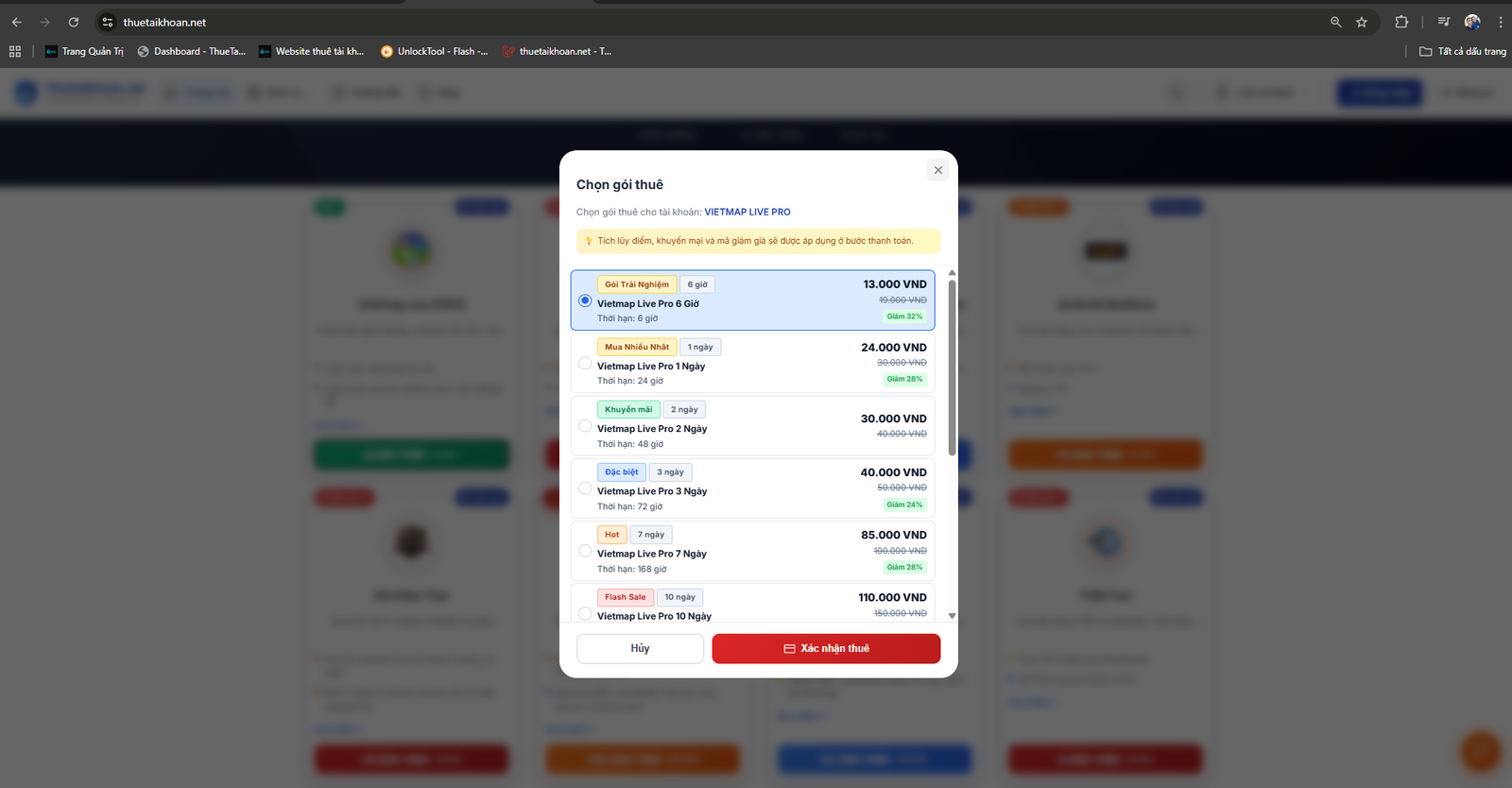 Bảng giá thuê Vietmap Live Pro tại ThueTaiKhoan.net