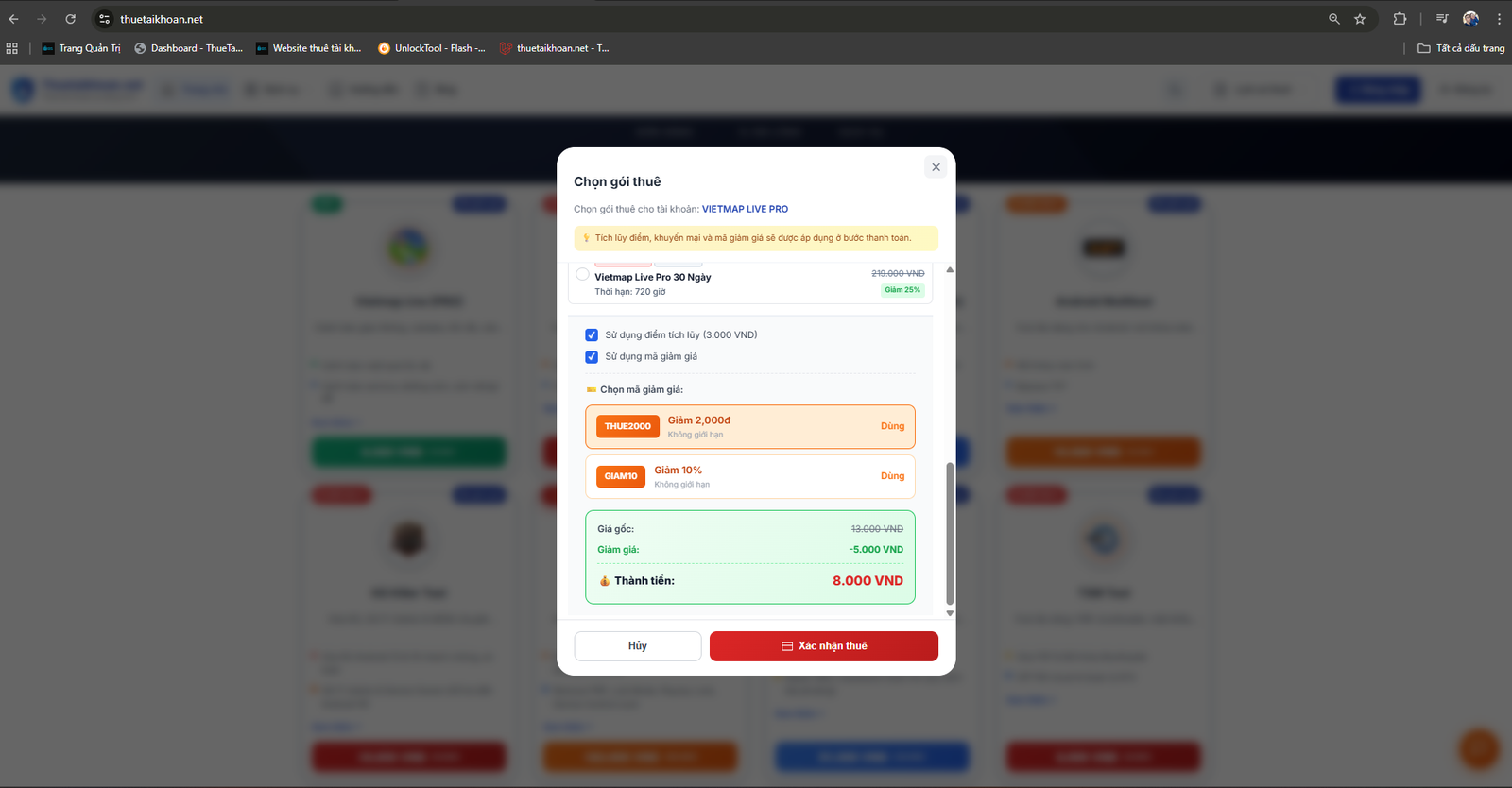 Áp dụng mã giảm giá THUE2000 và điểm tích lũy để thuê Vietmap chỉ 8.000đ